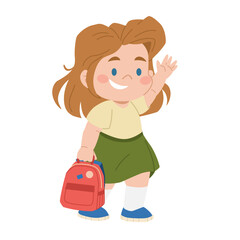 Schoolgirl waving hand, greeting gesture. Pupil with school bag. Cute character student. Back to school. Children education. Vector illustration