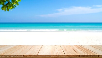 Fototapeta premium Empty wooden table on beach background