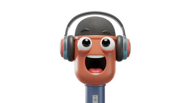 Funny cartoon microphone character with headphones isolated on transparent background