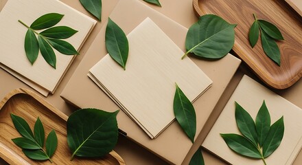 Green leaves on kraft paper and wooden trays, eco-friendly concept