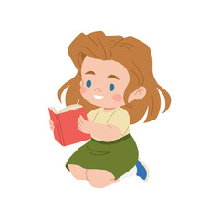 Schoolgirl reading a book. Child sitting and studying a textbook. Cute student character. Back to school. Children's education. Vector illustration