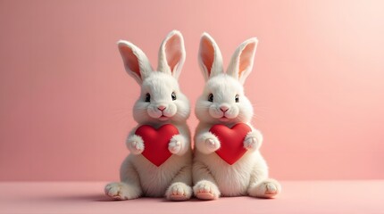 Two White Rabbits Holding Red Hearts on Pink Background