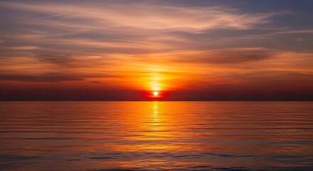 Fototapeta premium Vibrant Golden Sunset Over Calm Ocean Horizon with Stunning Sky Reflection