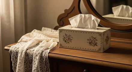 Tissue box on a wooden dresser with lace fabric