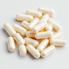 Pile of off-white capsules on white surface