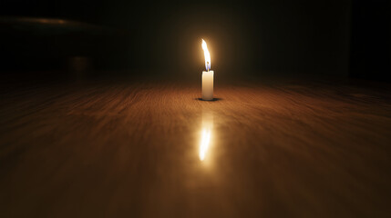 Lit candle on wooden surface in dim light, digital detox concept