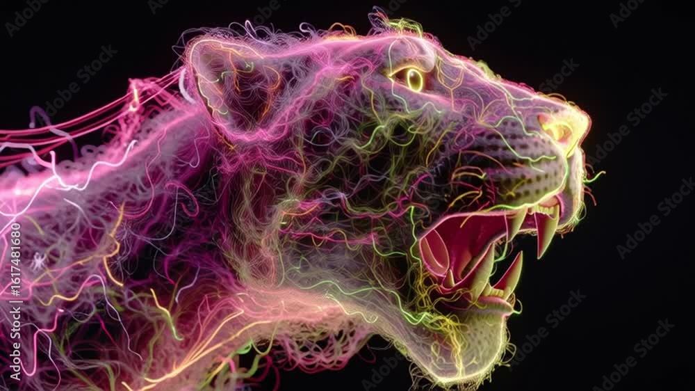 Poster vibrant neon depiction of a wild cat in dynamic motion generative ai