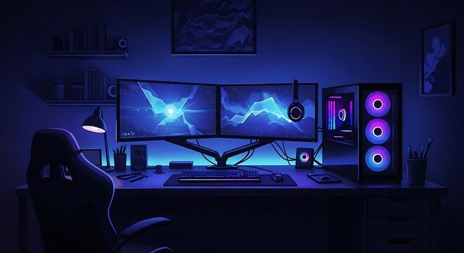 Gaming Setup with Dual Monitors and Neon Lighting in Dark Room - Powered by Adobe