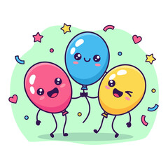 Obraz premium Happy Kawaii Balloons Celebration Cartoon Illustration