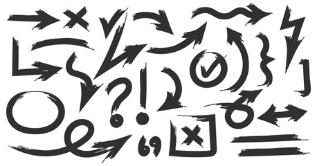 Hand drawn various arrows, marks, pointer, brushes, line