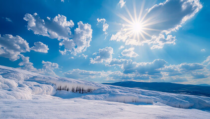 The bright sun illuminating the white terraces, captured in a black-and-white contrast style, mixes with the soft cotton candy pastel colors, creating a surreal and calming landscape.