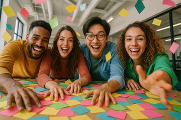 Joyful team immersed in a sea of colorful sticky notes, sharing a moment of creative brainstorming and collaborative achievement.