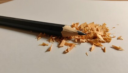 Black pencil with wood shavings on white background