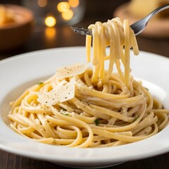 Close-Up Linguine in Garlic Parmesan Cream Sauce with Cheese & Parsley &ndash; Italian Pasta Food Photography