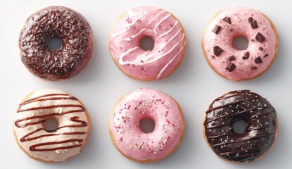 Six glazed donuts in various colors and toppings