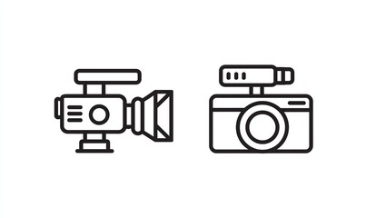 video camera icon line art on white background, simple design, bold lines, vector style, simple design, flat shape, vector graphic, flat shapes, two different styles, Generative AI.