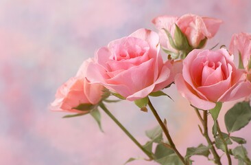 Fototapeta premium Delicate pink roses bloom with soft focus, evoking romance and natural beauty for any occasion.