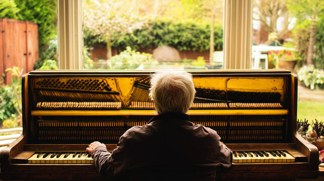 Man playing piano, unplugging from technology, enjoying musical hobby