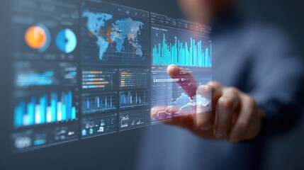 Marketing business interface on a virtual screen with analytical overlays