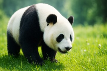 Fototapeta premium Giant panda peacefully grazing on lush green grass in a sunlit forest setting with soft natural background and gentle light ambiance. Ai generative