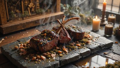 Steaming roasted lamb chops with crossed bones served on a rustic stone slab in a candlelit medieval setting.