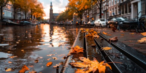 Autumn leaves resting on a bench along amsterdam canal at sunset