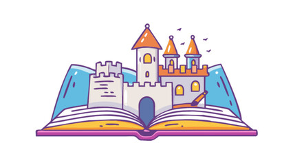 Obraz premium A cartoon illustration of a castle popping out of an open book, isolated on white background