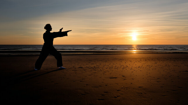 Woman practicing tai chi on beach at sunset, digital detox meditation