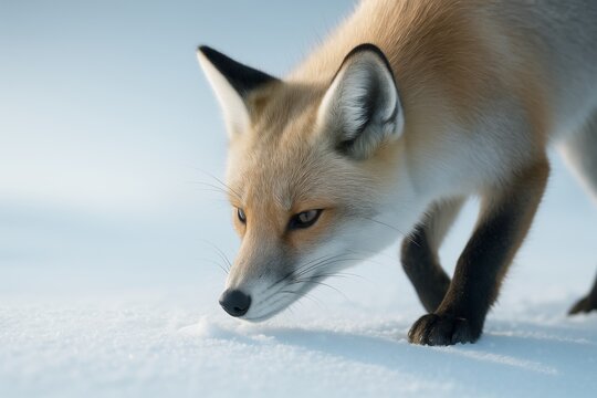 Realistic close-up of a curious red fox sniffing snow in a serene winter landscape under soft natural light on a minimal blue-white background. Ai generative