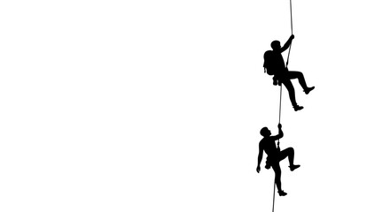 Silhouette of two climbers on a rope, ascending toward their goal.