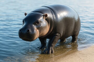 Fototapeta premium Adorable baby hippopotamus standing in shallow water with glistening skin and soft light on a peaceful lakeside background. Ai generative. Ai generative