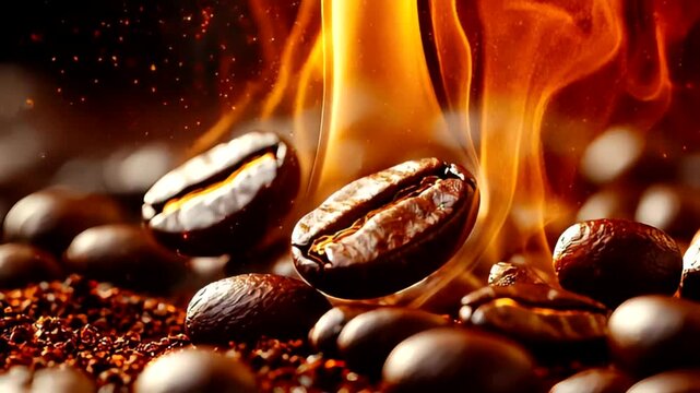 Roasted Coffee Beans with Fire and Smoke Background Creates a Hot Coffee Effect