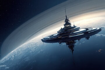 Obraz premium A space station floating in the middle of a planet