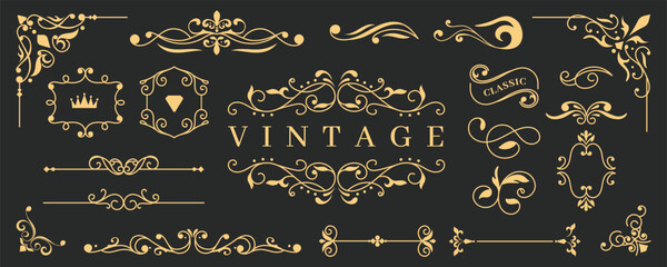 Decorative vintage elements collection. Set of Antique golden ornament border or frame.
