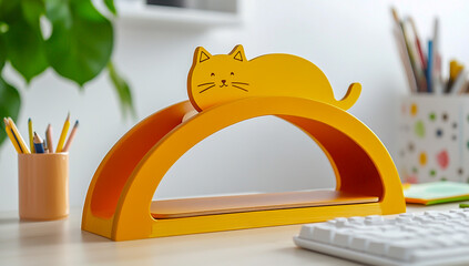 The wooden desktop holder has an elegant arched design, showcasing warm yellow and orange tones with a smooth finish.