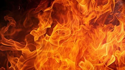 Fototapeta premium Intense, swirling orange and yellow flames creating dynamic, fiery patterns with hints of smoke on a dark background.
