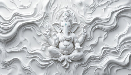 White Ganesha Statue Sitting on Ornate White Background Decorative Religious Art