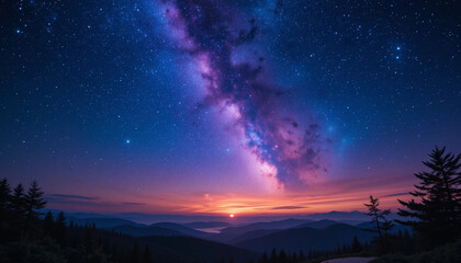 Fototapeta premium Milky Way Over Mountain Range at Sunset with Starry Sky