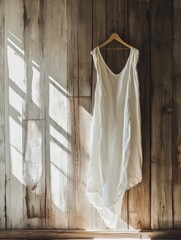 A delicate, simple white summer dress hangs from a wooden hanger on a weathered, sunlit wall, embodying freshness, ease, and minimalist countryside charm