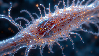 Obraz premium Detailed Microscopic Image of Neural Network Structure with Glowing Connections