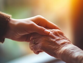 Fototapeta premium A young hand warmly grasps an elderly hand, radiating care, comfort, compassion, intergenerational connection, and support in a softly lit, tender moment