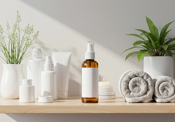 Mosquito Repellent Spray Bottle Product Mockup. Bathroom Shelf. Clean Label Design for Insect Spray