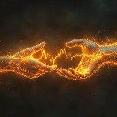Two hands, glowing with orange energy, reach towards each other, connected by a vibrant, electric arc, symbolizing human connection, power, and dynamic interaction in a surreal visual