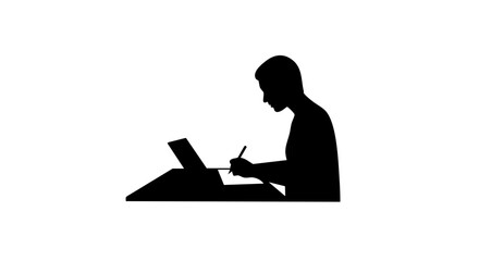 Silhouette of a person working or studying at a desk, focused on their task.