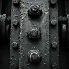 A close-up of thick, darkly painted metal bolts and beams, textured with peeling paint and rust, representing durability, age, and the rugged side of industrial architecture