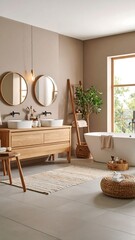 Modern minimalist bathroom with natural wood vanity, double sinks, freestanding tub, and large window