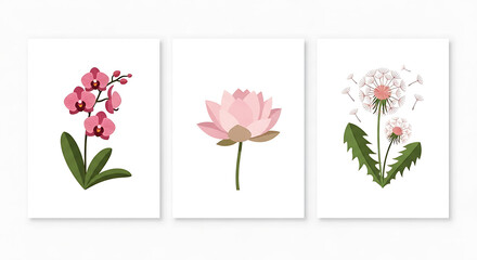 Obraz premium Pink Orchid Lotus Dandelion Flower Prints Botanical Art