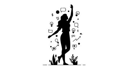 Silhouette of a woman celebrating with idea light bulbs floating around her
