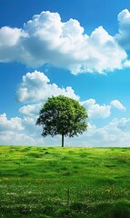 Obraz premium Solitary Tree in a Sunny Meadow, Generate AI