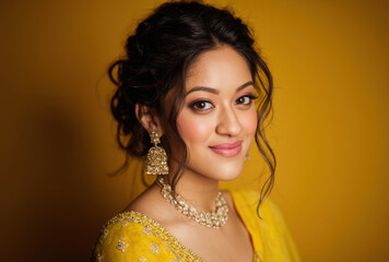 beautiful indian woman wearing gold jewelry and sari